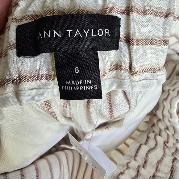 Ann Taylor New Ivory Stripe Belted Linen Drapey Cargo Ankle Pants Womens SZ 8 - Picture 9 of 13
